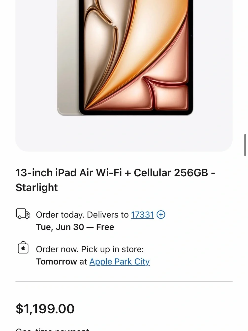 Apple iPad Air 13 inch. M2. WiFi + Cellular. 256GB. Starlight color.